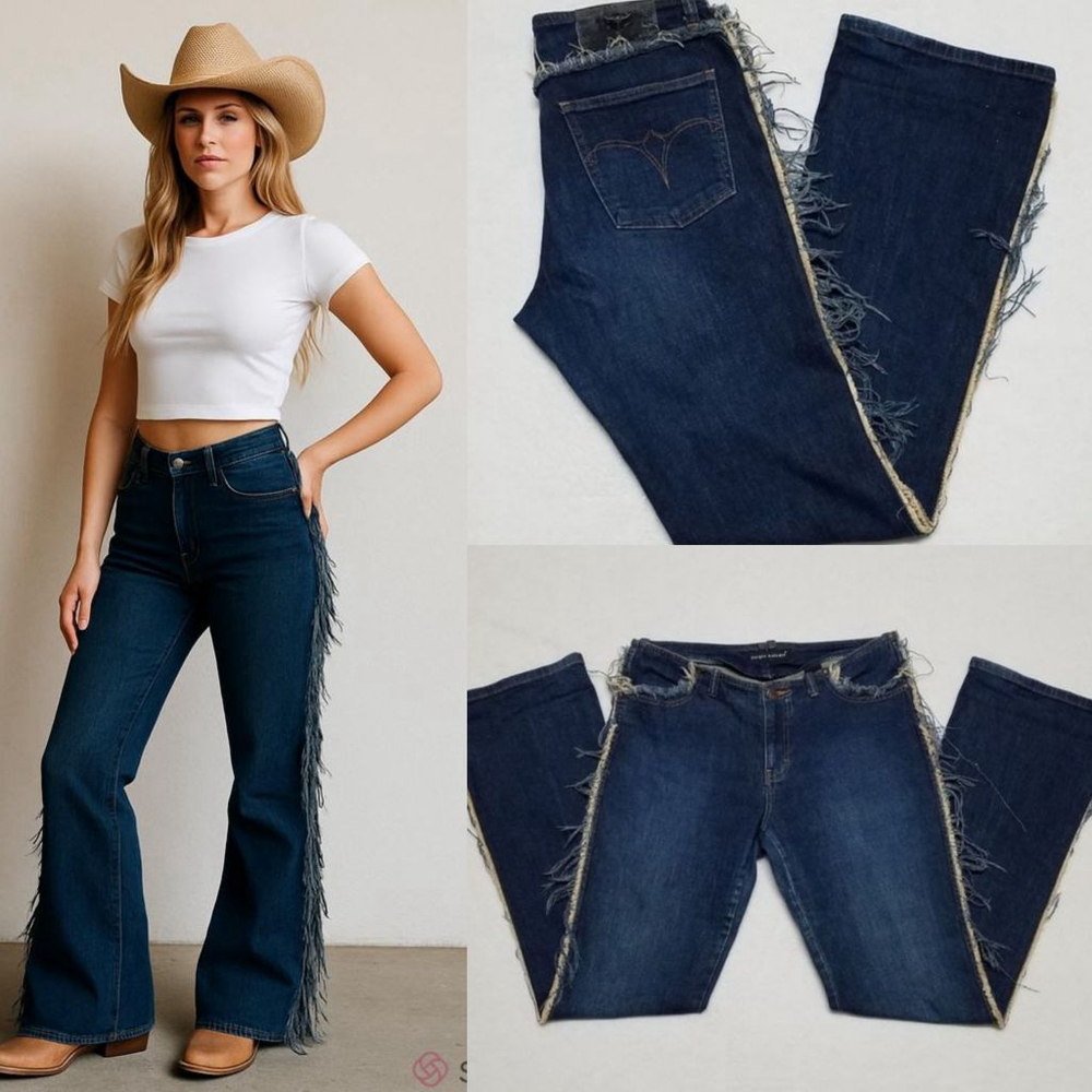 80s Rare Vintage Sergio Valente Dark Wash Raw Cut Eyelash Fringe Flare Jeans 30